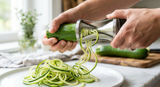 Close up of hands using a spiralizer to make fresh zucchini noodles in a kitchen.