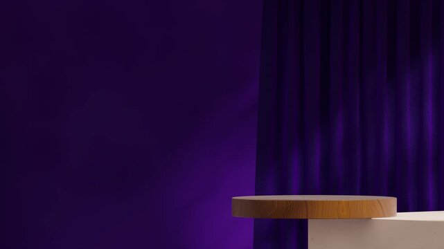 mockup template wood texture cylinder podium of with seamless loop shadow animation purple curtain and wall, 3d render footage