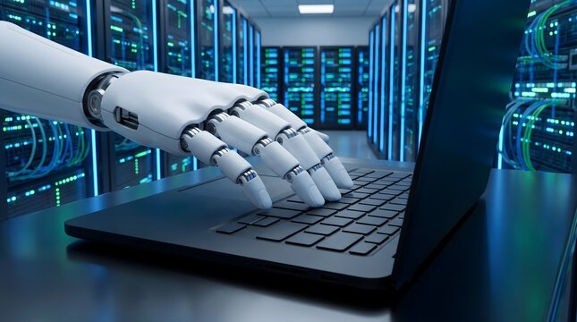 Robotic hand typing on a laptop keyboard in a modern data center with server racks for artificial intelligence, cloud computing, and digital automation concept