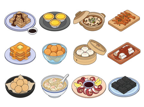 Hong Kong Street Food and Dim Sum Vector Icon Set