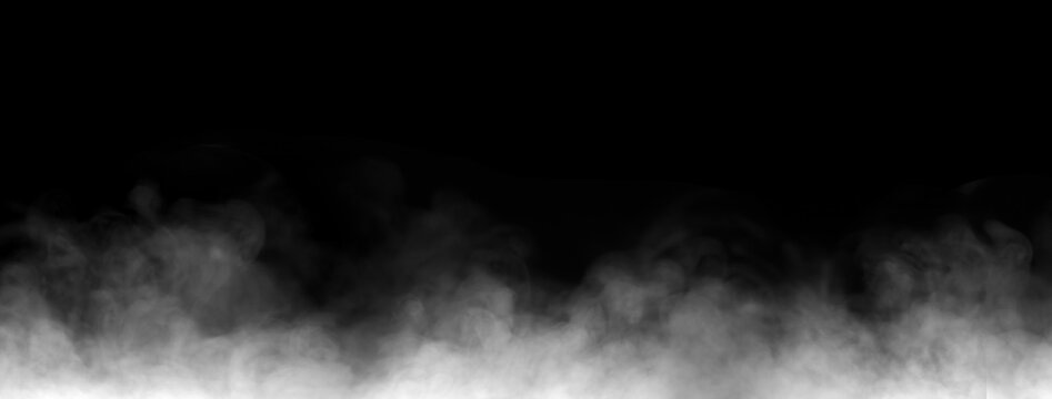 Abstract white smoke and ground fog layer isolated on black background. Cinematic low fog vapor overlay effect for atmospheric background texture and digital design assets.
