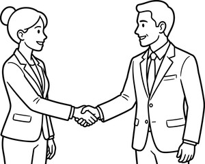 Fototapeta premium Two business professionals, a man and a woman, shake hands in a friendly greeting, vector illustration