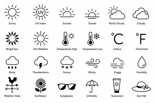 Set of simple weather icons representing different climate conditions