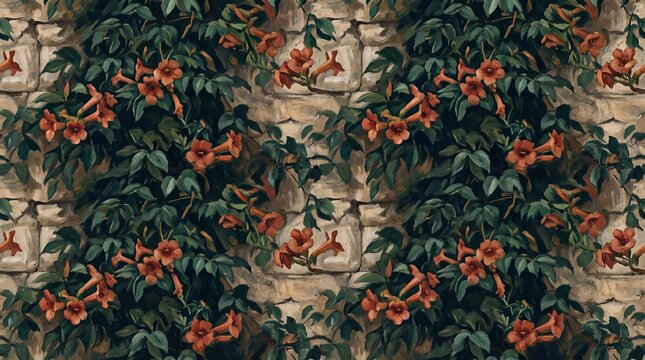 Seamless pattern of trumpet vine flowers climbing on a rustic old stone wall background