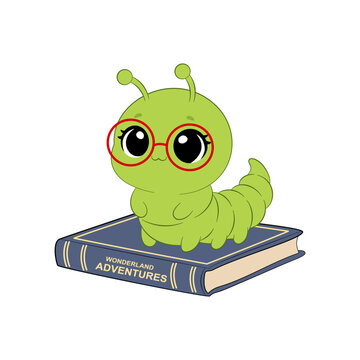 Adorable green caterpillar bookworm wearing oversized red round glasses standing on top of a hardcover book vector illustration.