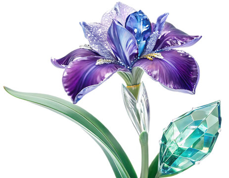 Crystal iris flower with deep violet and blue translucent gemstone petals, intricate crystalline details, elegant green crystal leaves, brilliant reflections, premium fantasy botanical sculpture, isol