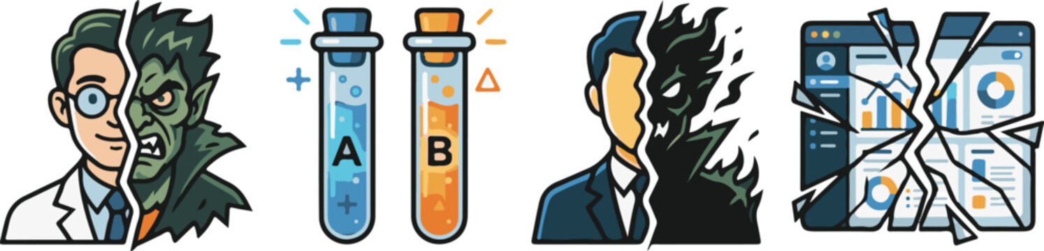 A/B Testing Software Analytics and Dr Jekyll Mr Hyde Vector Icons