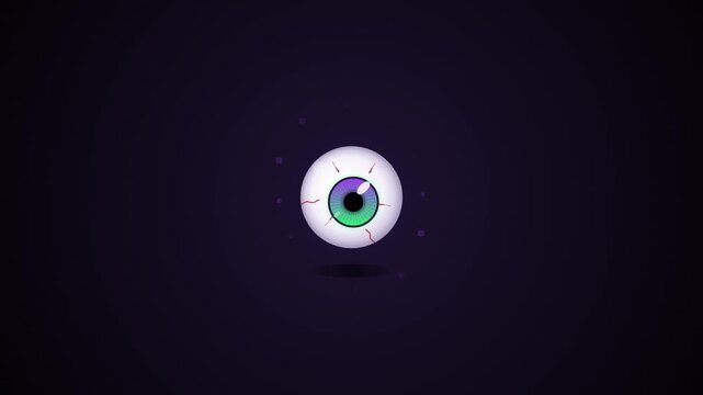 Spooky cartoon green eyeball floating and looking around on a dark purple background, Halloween vector animation