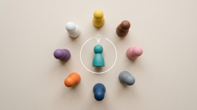 Central figure highlighted among diverse team members on flat surface with lightbulb symbol with colorful figures arranged out group colorful