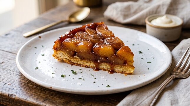 Caramelized apple Tarte Tatin served on a white plate with a crisp golden pastry base.