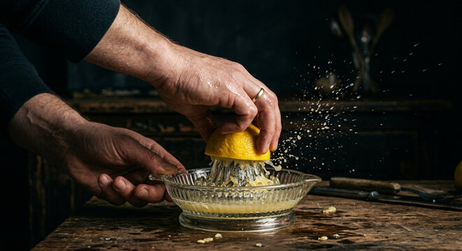 Close up of a man squeezing fresh lemon juice with a glass juicer.