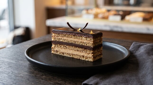Elegant French Opera cake with layers of coffee cream, sponge cake and rich chocolate glaze.