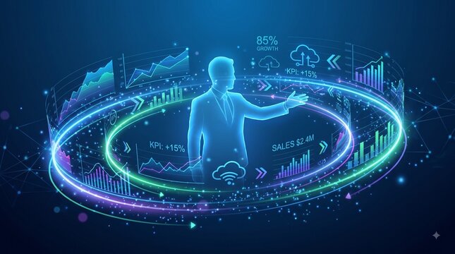 Businessman gesture interacting with a glowing circular holographic interface containing data graphics business technology future business data analysis interactive technology tech innovation