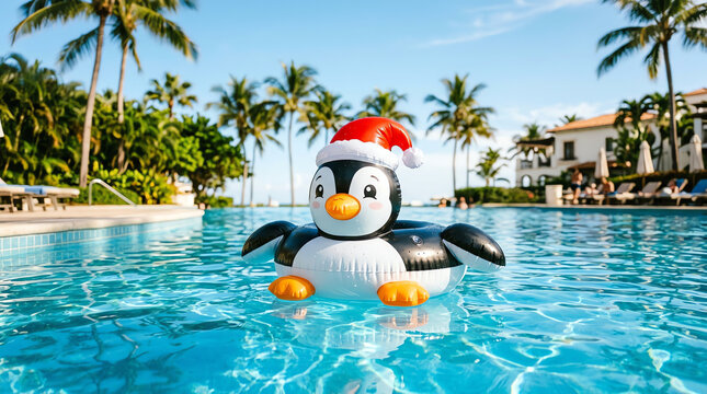 A cute inflatable penguin wearing a santa hat floating in a sunny tropical resort swimming pool at christmas