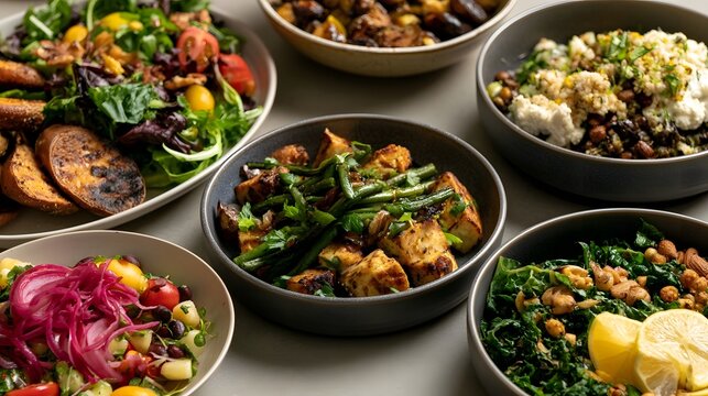 A variety of colorful  healthy bowls featuring roasted vegetables  greens  grains  and fresh toppings arranged on a neutral surface