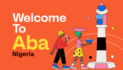 Naklejka premium Welcome to Aba, Nigeria: Vibrant Illustration of Local Life and Culture