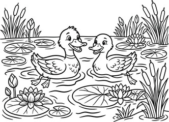 Fototapeta premium Cute ducks swimming in a pond vector illustration with coloring page template for kids activity book