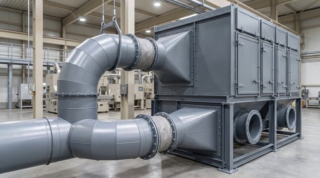 Industrial air filtration equipment with realistic ductwork, filter chambers and particulate extraction infrastructure for clean manufacturing, workplace air quality and environmental control systems