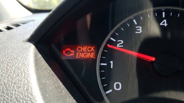 Red check engine light glowing on car dashboard with speedometer needle for vehicle maintenance warning alert.