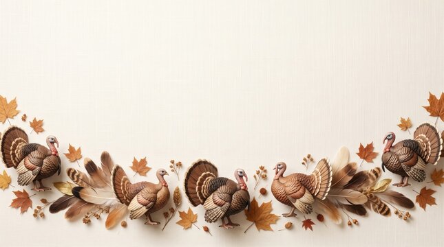Thanksgiving background with turkey figurines and autumn leaves on rustic linen fabric