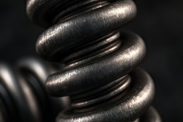 Close-up of a textured metallic helical compression spring with worn steel coils and a dark background.