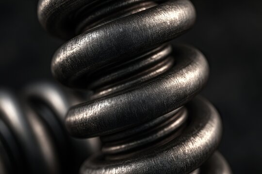 Close-up of a textured metallic helical compression spring with worn steel coils and a dark background.