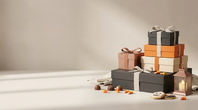 Autumn gift boxes stacked high in warm tones featuring candy corn chocolates and elegant lantern for holiday gifting.