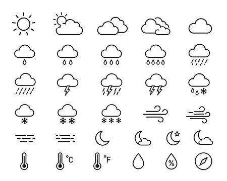 Set of black weather icons showing various forecast conditions