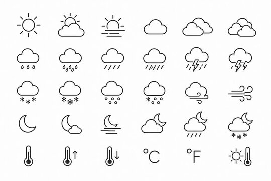Set of black weather icons showing various forecast symbols and signs