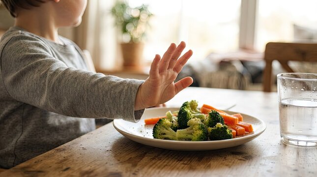 Young child refusing to eat plate of green vegetables.