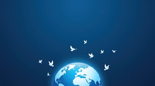 International peace day global peace concept with white doves flying over the earth on a blue background