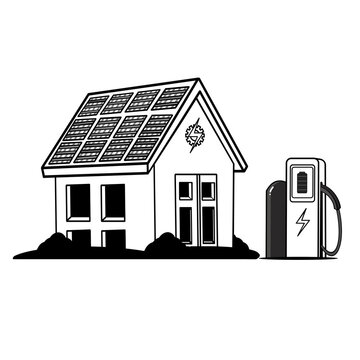 Black and white line art illustration of a residential house equipped with rooftop solar panels and an electric vehicle charging station, electric vehicle charging, clean transportation, green energy