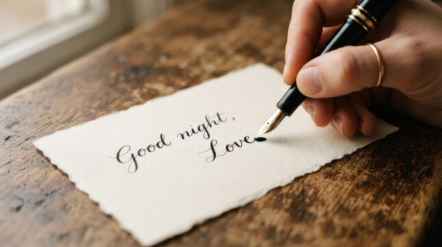 Hand writing goodnight message on light colored paper with pen on wooden surface with writes farewell message wooden table paper using affectionate