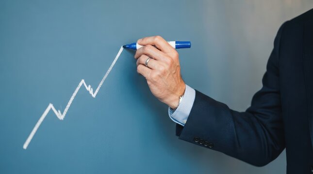 Professional drawing upward trend chart on blue wall with marker pen with Hand writes rising performance graph smooth surface using marker demonstration