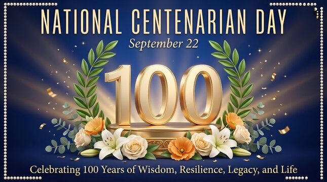 National centarian day celebration card with golden number one hundred and flowers on blue background
