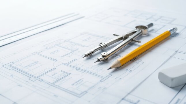 Architectural floor plan sketches with silver compass pencil and eraser layout on white paper for renovation.
