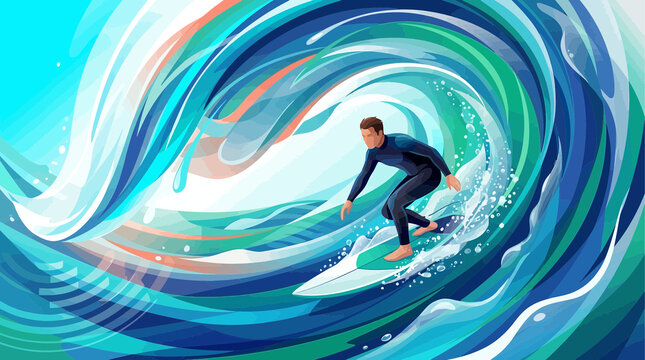 A professional surfer riding a large blue ocean wave in a stylized vector illustration.