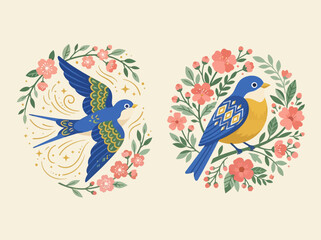 Fototapeta premium Folk Art Illustration of Bluebirds in Pink Floral Wreaths