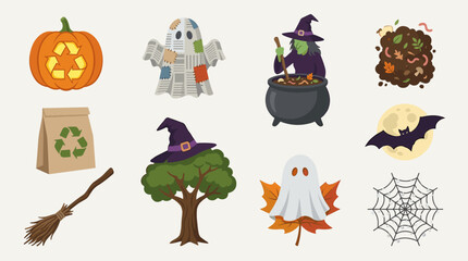 Fototapeta premium Flat design icon set for Halloween and eco-friendly themes, including pumpkin, compost, witch, and bat