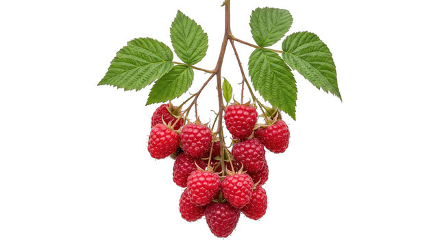 Fresh Raspberries on a Branch with Leaves PNG Isolated on a transparent background