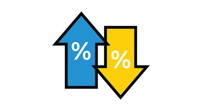 Percentage growth and reduction symbol illustration. Opposite direction arrows with percent signs representing increase, decrease, statistics, sales, investment, pricing, financial analysis.