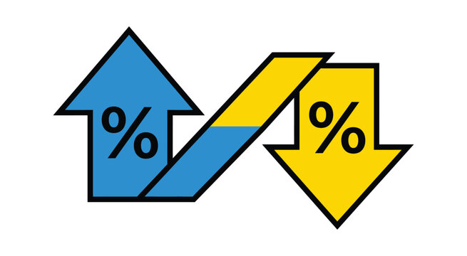 Percentage growth and reduction symbol illustration. Opposite direction arrows with percent signs representing increase, decrease, statistics, sales, investment, pricing, financial analysis.