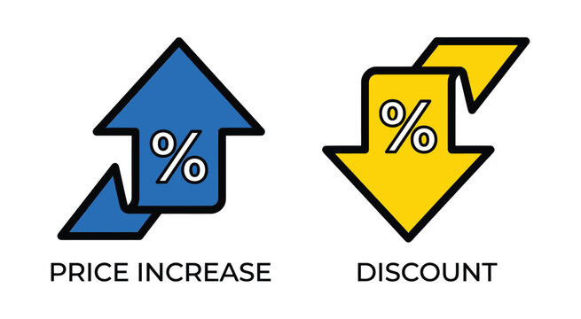 Up and down percentage arrows illustration. Blue rising arrow and yellow falling arrow symbolizing financial growth, decline, price changes, discounts, business performance, and market analysis.