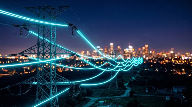 Electricity transmission towers with glowing power lines at night against a blurred city skyline background with high voltage electricity towers stand illuminated