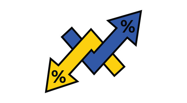 Percentage increase and decrease arrows illustration. Upward and downward percentage symbols representing growth, reduction, profit, discount, finance, business statistics, market trends.