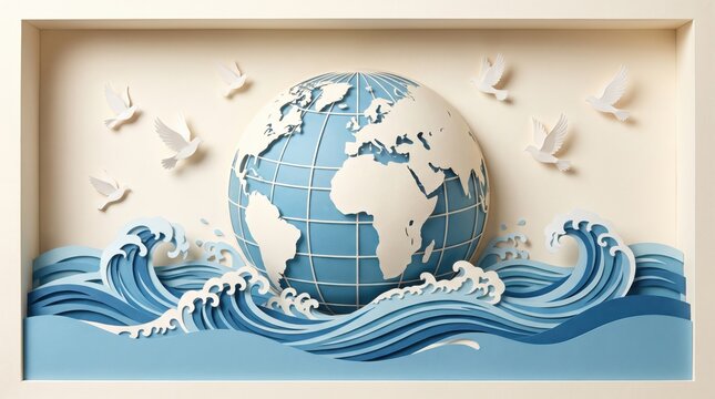 International peace day paper craft art style illustration of a globe surrounded by ocean waves and white doves flying in a layered shadow box frame