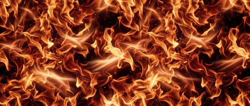 Seamless repeating pattern of bright orange and yellow flames against a deep black background, featuring swirling fire textures and glowing embers in a continuous horizontal layout