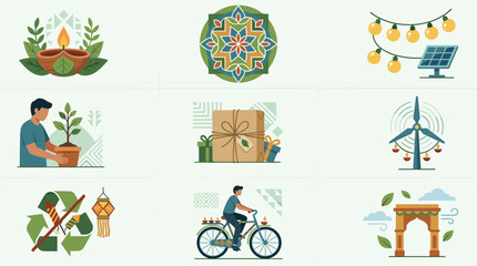 Fototapeta premium Set of nine flat design icons for environmental themes and cultural celebrations, including a diya, mandala, solar panel, and recycling symbol.