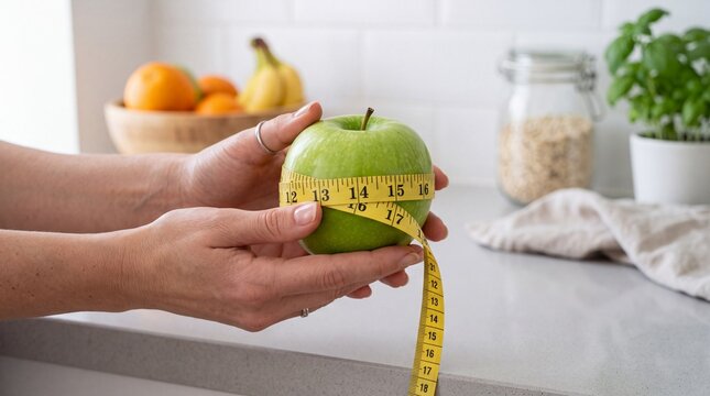 Hands Measuring Green Apple with Tape Measure for Healthy Diet and Weight Management Concept