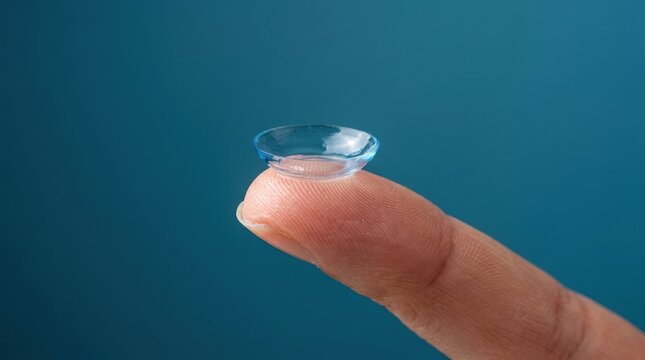 Single soft contact lens sitting on tip of human finger close up isolated on plain blue background view.